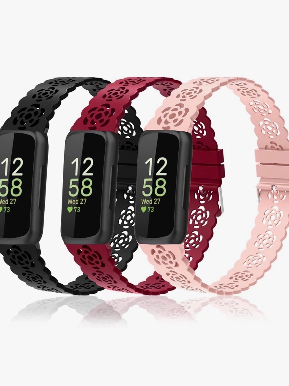 Silicone Floral Band for Fitness Tracker - Black, Burgundy, Blush Pink